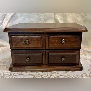 Vtg Taiwan Dark Wood Veneer Hinged Jewelry Box Yellow Organization Lining Retro